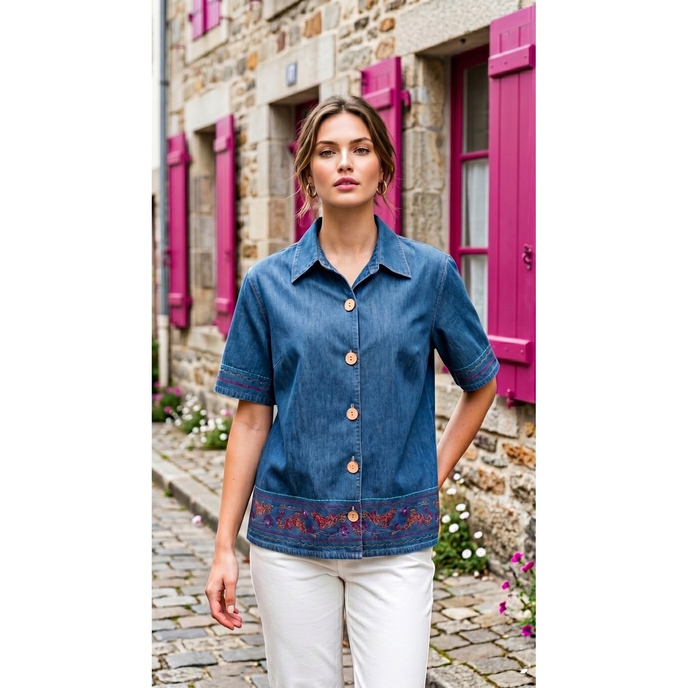 Vintage Koret City Blues Top Womens XL Denim Shirt Embroidered Cottage Core 90s